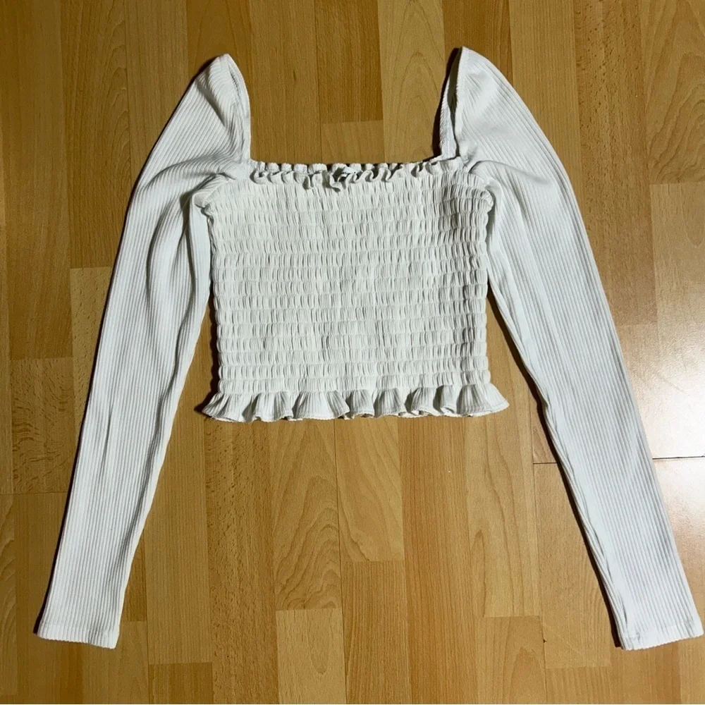 Reformation White Smocked Long‎ Sleeve Crop Top Medium